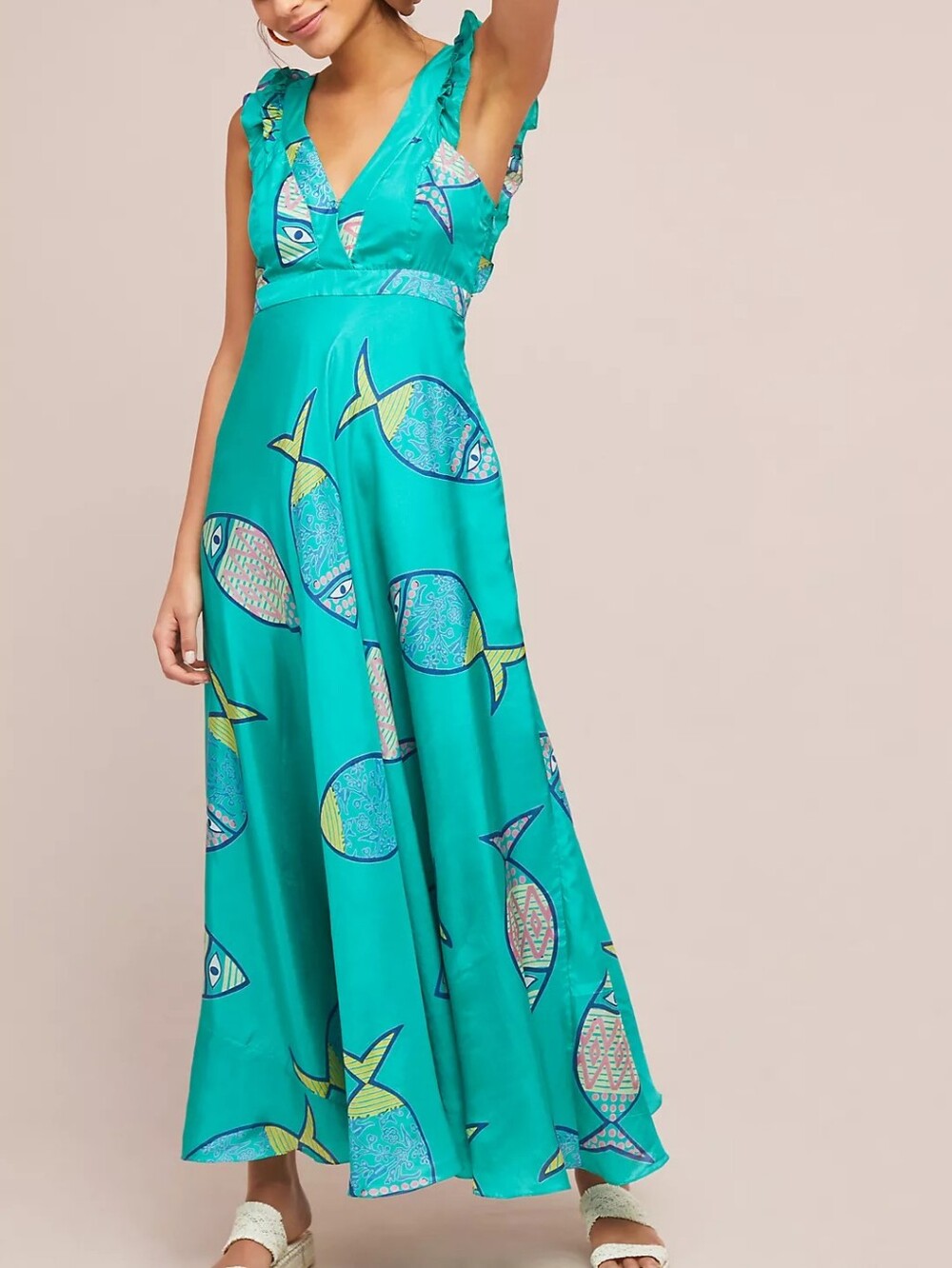 Anthropologie Anupamaa Turquoise Fish Print Silk Ruffle Sleeve V-Neck Maxi Dress
